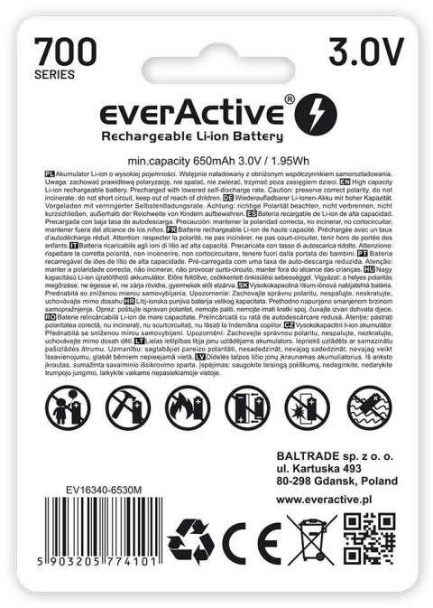 Akumulatorek 16340 / R-CR123 3V everActive 700mAh (1 szt.) z zabezpieczeniem Akumulatorek 16340 / R-CR123 3V everActive 700mAh (1 szt.) z zabezpieczeniem