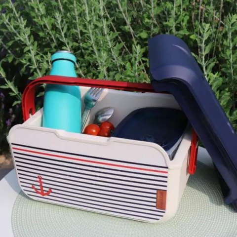 Mini lodówka turystyczna 5L KAMAI EDA wzór marynarski, lunchox na wkłady mrożące - waniliowy korpus, czerwona rączka, błękitna 