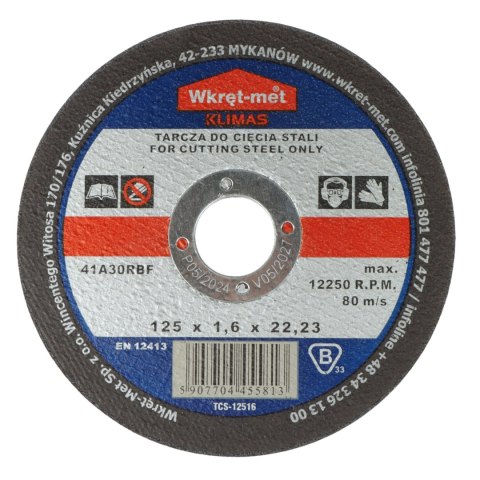 TARCZA KORUNDOWA DO CIĘCIA STALI TCS-12516 125 mm WKRĘT-MET KLIMAS