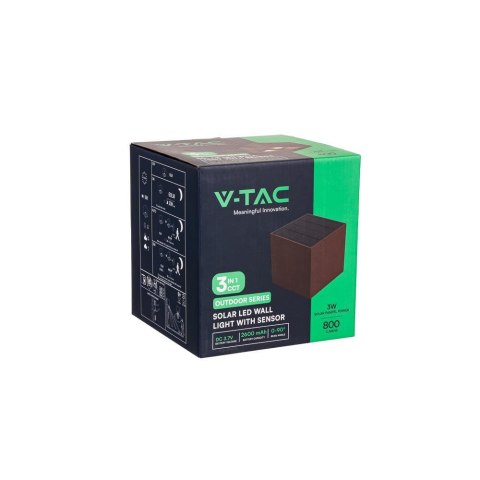 Oprawa ścienna solarna V-TAC 9W LED COB brąz corten kostka 15x15cm IP65 czujnik ruchu VT-409CCT 3000K-4000K-5000K 800lm
