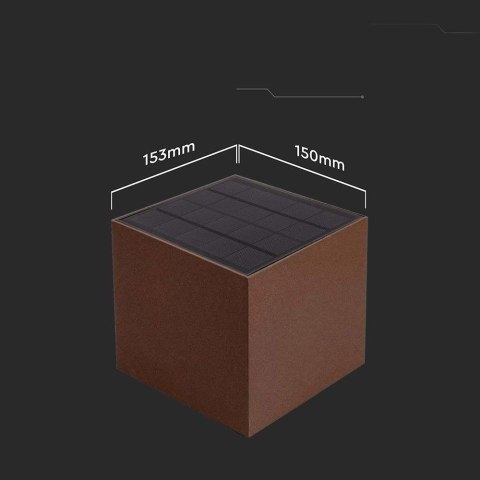 Oprawa ścienna solarna V-TAC 9W LED COB brąz corten kostka 15x15cm IP65 czujnik ruchu VT-409CCT 3000K-4000K-5000K 800lm