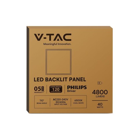 Panel LED V-TAC 40W 600x600 LED backlight 33mm 120Lm/W zasilacz Philips VT-61040 4000K 4800lm 5 lat gwarancji