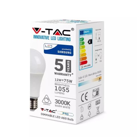 Żarówka LED V-TAC SAMSUNG CHIP 12W E27 A60 ściemnialna VT-262D 6400K 1055lm 5 lat gwarancji