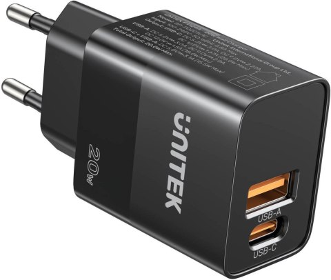 Ładowarka sieciowa Unitek 1x USB-A, 1x USB-C, QC, PC 3.0, 20W, czarna