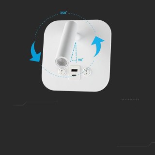 Oprawa LED V-TAC 8W COB CREE kinkiet biały hotel łóżko USB+USB C włącznik VT-80068-W 3000K 830lm 2 Lata gwarancji