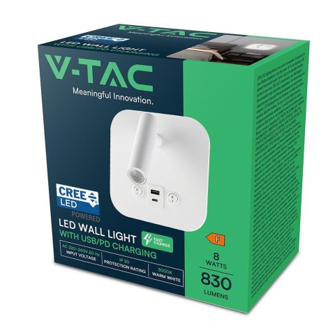 Oprawa LED V-TAC 8W COB CREE kinkiet biały hotel łóżko USB+USB C włącznik VT-80068-W 3000K 830lm 2 Lata gwarancji