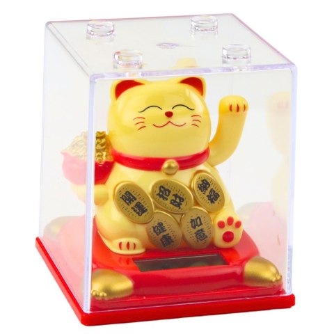 Chiński Kot Szczęścia W Gablocie Figurka Solarna Ozdoba Beżowy