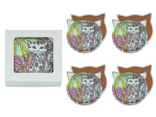 Kpl. 4 podkładek ceramicznych z uszami, koty.