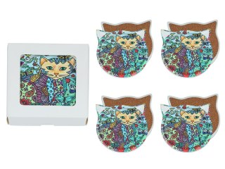 Kpl. 4 podkładek ceramicznych z uszami, koty.