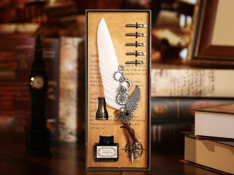 Zestaw piśmienniczy - Pióro białe z kałamrzem, atramentem i 5 stalówkami