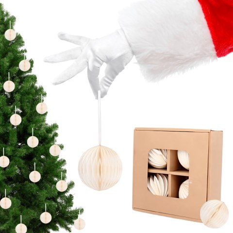 Komplet 4 bombek na choinkę z papieru, składane średnica 8cm białe