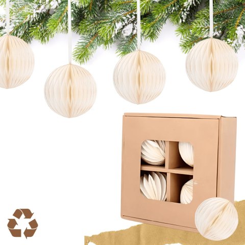 Komplet 4 bombek na choinkę z papieru, składane średnica 8cm białe