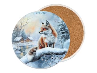Kpl. 5 podkładka ceramicznych, okrągłych - Zimowe zwierzęta - Lisy (CARMANI)