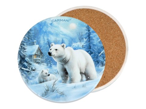 Kpl. 5 podkładka ceramicznych, okrągłych - Zimowe zwierzęta - Niedźwiedzie (CARMANI)