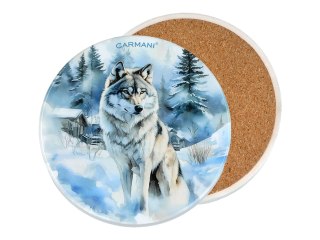 Kpl. 5 podkładka ceramicznych, okrągłych - Zimowe zwierzęta - Wilki (CARMANI)