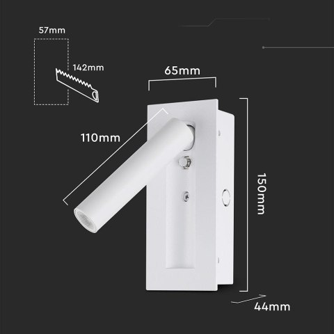 Oprawa LED V-TAC 2W COB CREE kinkiet biały hotel łóżko włącznik VT-88061-W 3000K 76lm