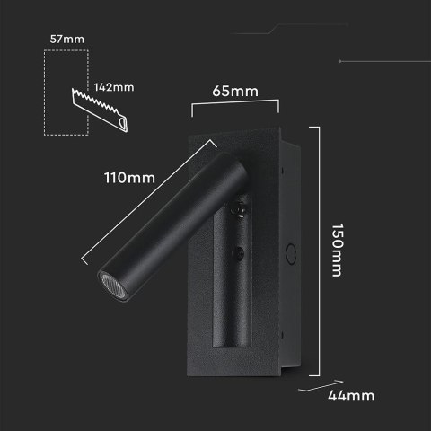 Oprawa LED V-TAC 2W COB CREE kinkiet czarny hotel łóżko włącznik VT-88061-B 3000K 76lm