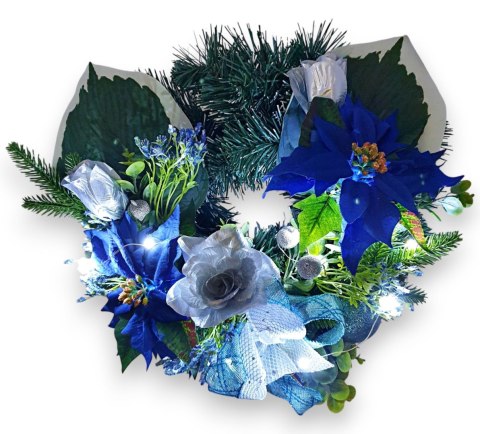 NOWOCZESNY STROIK WIANEK ŚWIĄTECZNY LED NIEBIESKI NA STÓŁ WIGILIJNY 40cm