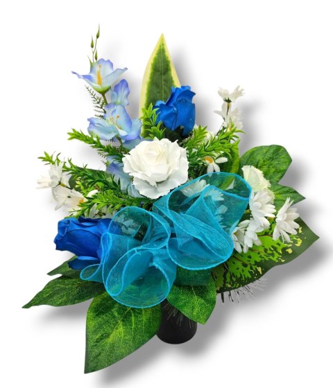 BIAŁO NIEBIESKI BUKIET WKŁAD DO WAZONU KWIATY NA CMENTARZ GRÓB POMNIK