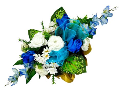 BIAŁO NIEBIESKI STROIK NA CMENTARZ KWIATY NA GRÓB POMNIK + OBCIĄŻENIE