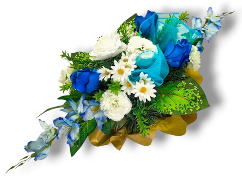 BIAŁO NIEBIESKI STROIK NA CMENTARZ KWIATY NA GRÓB POMNIK + OBCIĄŻENIE