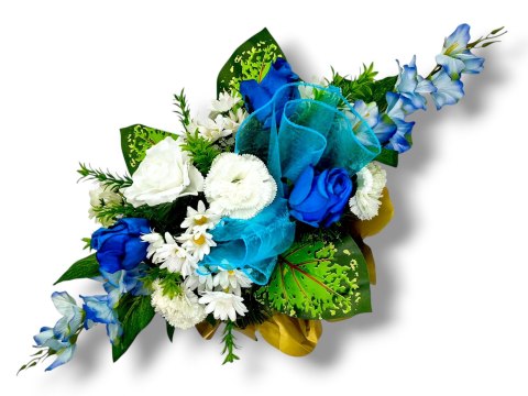 BIAŁO NIEBIESKI STROIK NA CMENTARZ KWIATY NA GRÓB POMNIK + OBCIĄŻENIE