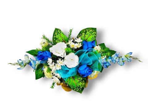 BIAŁO NIEBIESKI STROIK NA CMENTARZ KWIATY NA GRÓB POMNIK + OBCIĄŻENIE