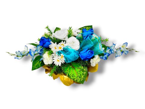 BIAŁO NIEBIESKI STROIK NA CMENTARZ KWIATY NA GRÓB POMNIK + OBCIĄŻENIE