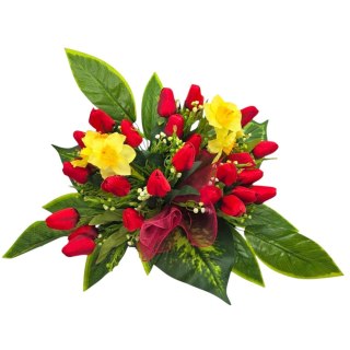 WIOSENNY STROIK NA CMENTARZ KWIATY NA GRÓB POMNIK MISA Z OBCIĄŻENIEM TULIPANY ŻONKILE