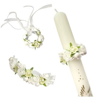 OZDOBA NA ŚWIECE DO CHRZTU PROFITKA DEKORACJA ŚWIECY Z KWIATUSZKÓW