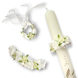 OZDOBA NA ŚWIECE DO CHRZTU PROFITKA DEKORACJA ŚWIECY Z KWIATUSZKÓW