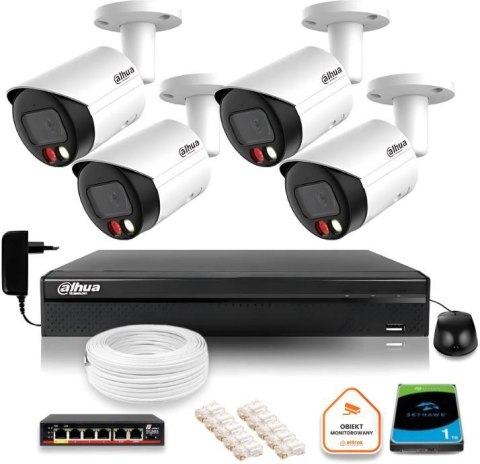 Zestaw monitoringu IP Dahua 4 kamer FullHD z podwójnych oświetleniem kolor w nocy