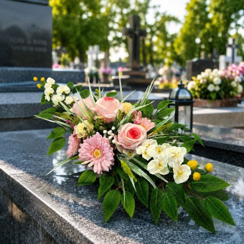 Długi stroik na cmentarz kompozycja kwiatowa na grób miska z obciążeniem