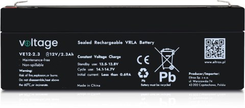 Akumulator AGM Voltage 12V 2,3Ah VE12-2.3 (Żywotność 6-9 lat)