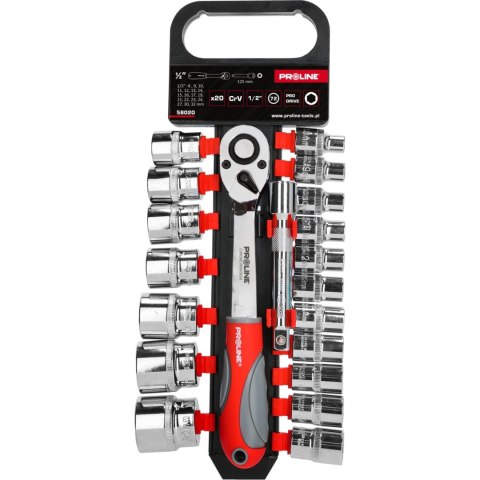 Zestaw 20 szt. nasadek, crv,1/2",8-32mm,przedłużka,proline Zestaw 20 szt. nasadek, crv,1/2",8-32mm,przedłużka,proline
