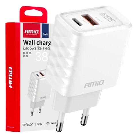 Ładowarka sieciowa quick charge gan 38w usb-a + usb-c amio-04287 Ładowarka sieciowa quick charge gan 38w usb-a + usb-c amio-04287