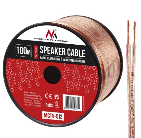 Kabel głośnikowy transparent PVC Maclean, 2*1.5mm2 / 48*0.20 CCA 3,5*7,0mm, 100m, MCTV-512 Kabel głośnikowy transparent PVC Maclean, 2*1.5mm2 / 48*0.20 CCA 3,5*7,0mm, 100m, MCTV-512
