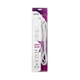 Listwa przeciwprzepięciowa, 6 gniazd 2P+Z, kabel 3x1,0mm?, długość 3m, z wyłącznikiem podświetlanym dwutorowym. 10A/230 VAC, Och