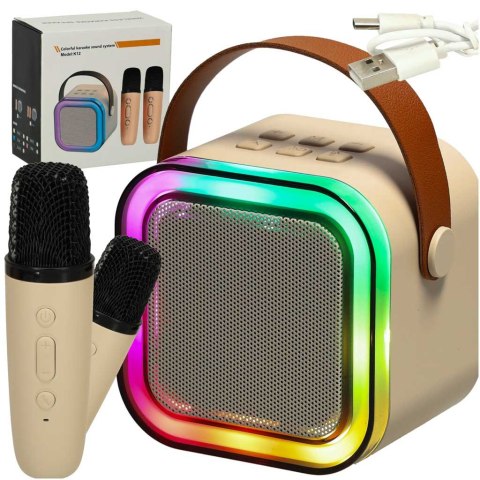 Zestaw do karaoke głośnik Bluetooth 2 mikrofony USB LED 6W beżowy