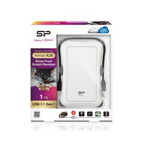 Dysk zewnętrzny HDD Silicon Power Armor A30 (1TB; 2.5"; USB 3.2; 5400 obr/min; White; SP010TBPHDA30S3W) Dysk zewnętrzny HDD Silicon Power Armor A30 (1TB; 2.5"; USB 3.2; 5400 obr/min; White; SP010TBPHDA30S3W)