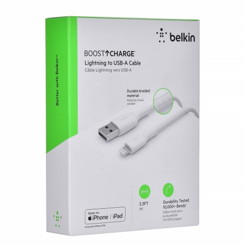 Kabel Belkin BoostCharge Braided Lightning to USB-A Cable 1m oplot White Kabel Belkin BoostCharge Braided Lightning to USB-A Cable 1m oplot White