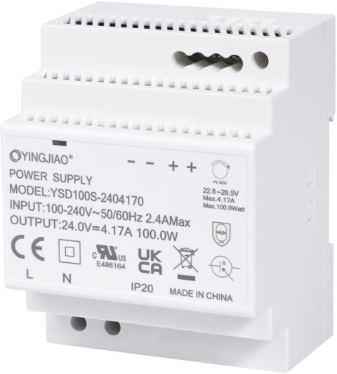ZASILACZ IMPULSOWY NA SZYNĘ DIN YINGJIAO YSD100S-2403830 24V/92W/3,83A ZASILACZ IMPULSOWY NA SZYNĘ DIN YINGJIAO YSD100S-2403830 24V/92W/3,83A