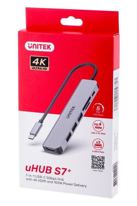 UNITEK HUB USB-C 7W1, HDMI 4K, PD 100W, 5GBPS, ALU UNITEK HUB USB-C 7W1, HDMI 4K, PD 100W, 5GBPS, ALU