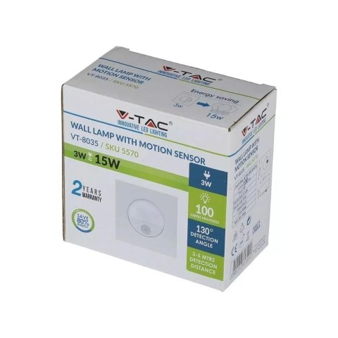 Oprawa schodowa 3W LED V-TAC biała czujnik ruchu 230V VT-8035 4000K 100lm