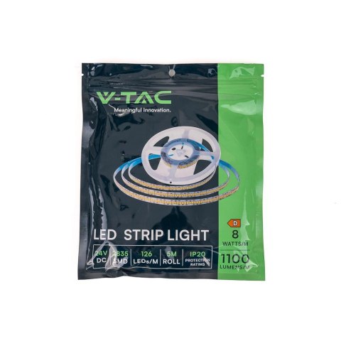 Taśma LED V-TAC SMD2835 630LED 24V IP20 5mb 8W/m VT-2835 126-IP20 6400K 1100lm