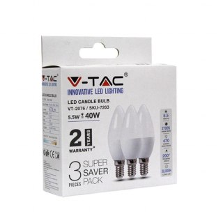 Żarówka LED V-TAC 4,5W E14 świeczka (opak. 3szt) VT-2076 2700K 470lm
