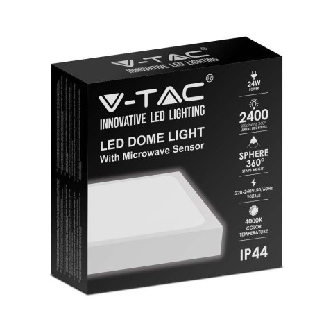 Plafon V-TAC 24W LED kwadrat IP44 czujnik ruchu mikrofalowy 30x30cm biały VT-8624SW-SQ 4000K 2400lm