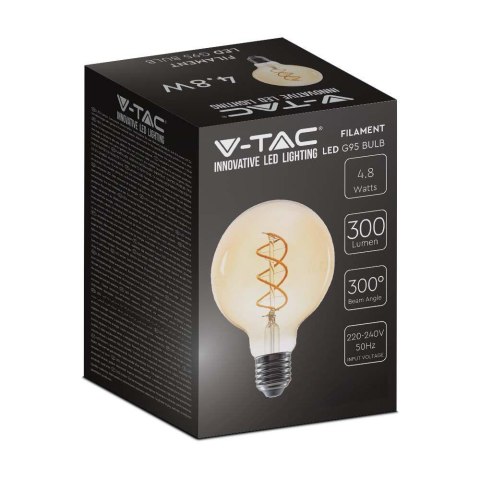 Żarówka LED V-TAC 4,8W Filament E27 Kula Glob G95 Bursztyn 95x138mm VT-2075 2200K 300lm Żarówka LED V-TAC 4,8W Filament E27 Kula Glob G95 Bursztyn 95x138mm VT-2075 2200K 300lm