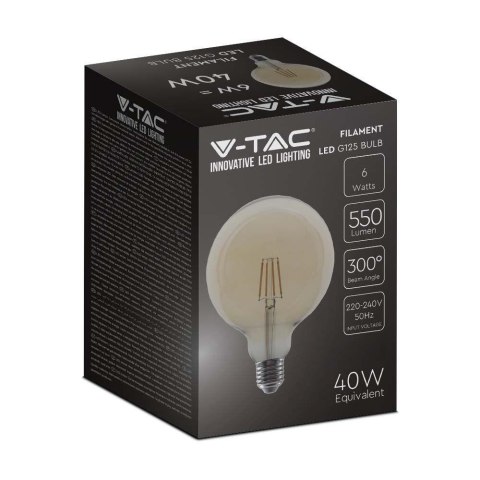 Żarówka LED V-TAC 6W Filament E27 Kula Glob G125 Bursztyn VT-1956 2200K 550lm Żarówka LED V-TAC 6W Filament E27 Kula Glob G125 Bursztyn VT-1956 2200K 550lm