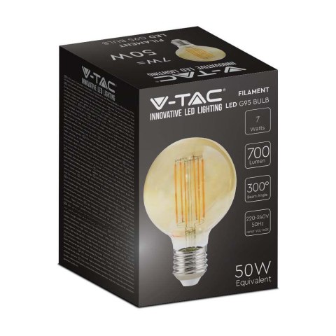 Żarówka LED V-TAC 7W Filament E27 Kula Glob G95 Bursztyn 95x138mm VT-2027 2200K 700lm Żarówka LED V-TAC 7W Filament E27 Kula Glob G95 Bursztyn 95x138mm VT-2027 2200K 700lm